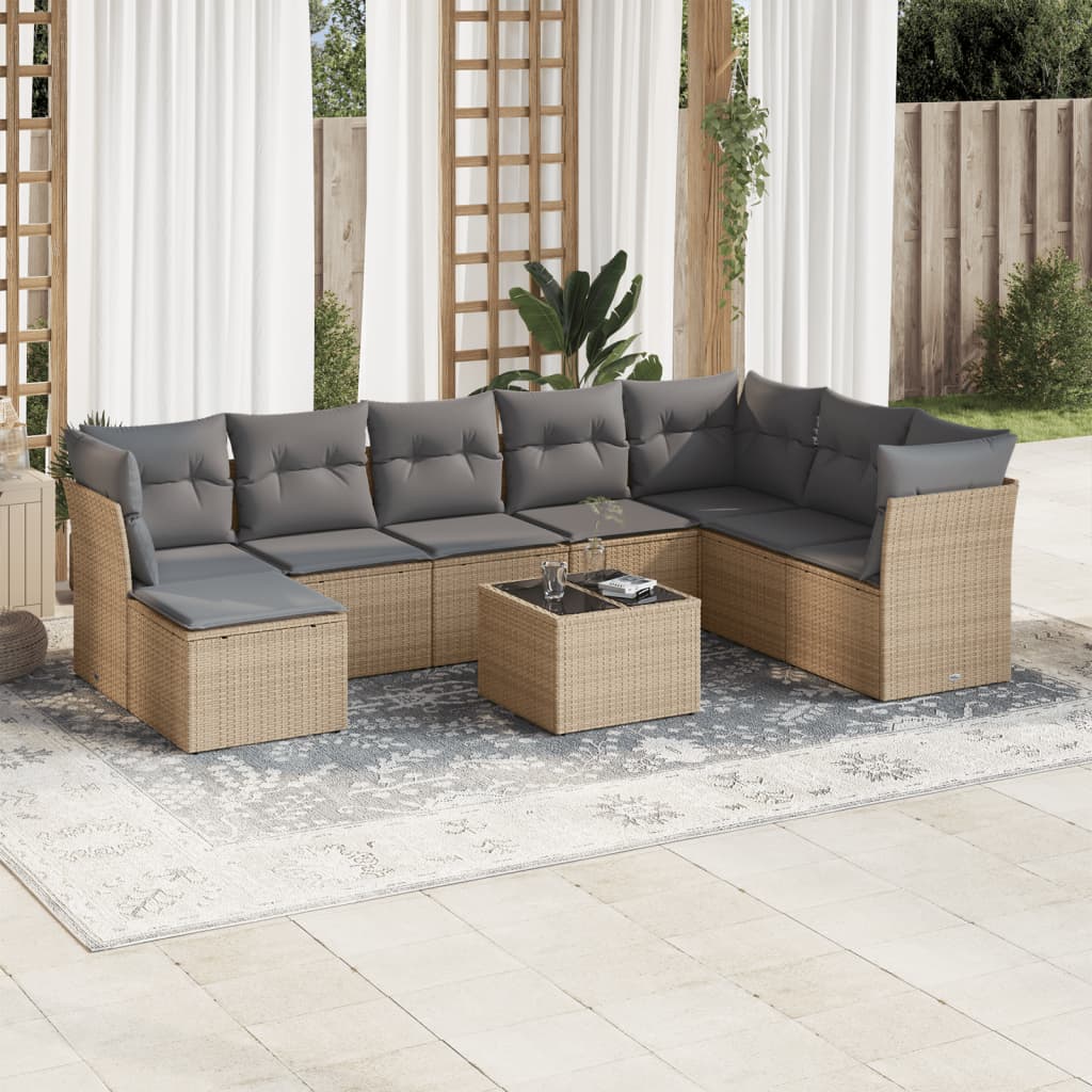 Set Divano Da Giardino 9 Pz Con Cuscini Beige In Polyrattan