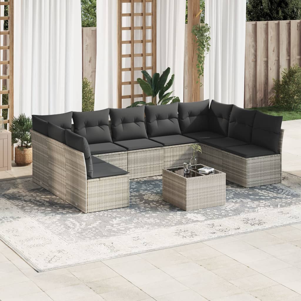 Set Divano Giardino 10 Pz Con Cuscini Grigio Chiaro Polyrattan