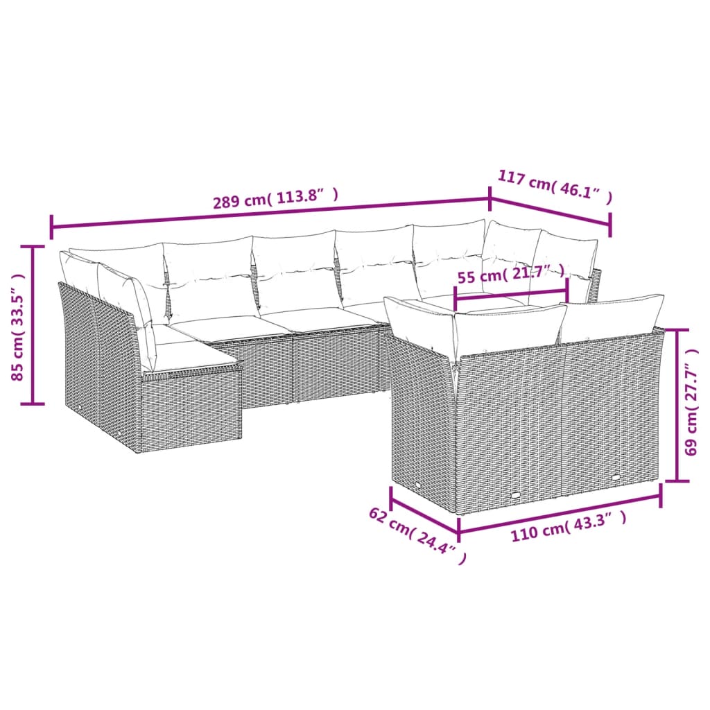 Set Divano Da Giardino 9 Pz Con Cuscini Beige In Polyrattan - Image 3