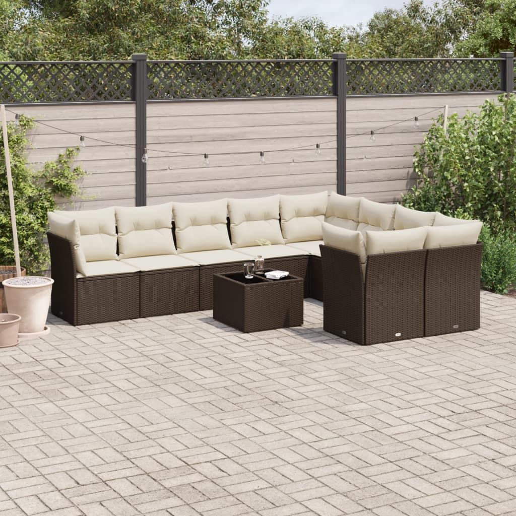Set Divani Da Giardino 10pz Con Cuscini In Polyrattan Marrone