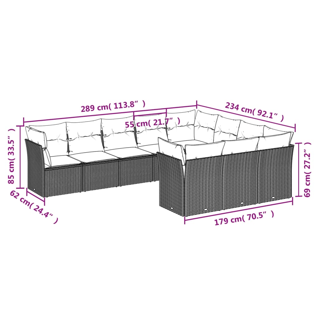 Set Divano Giardino 10 Pz Con Cuscini Grigio Chiaro Polyrattan - Image 3