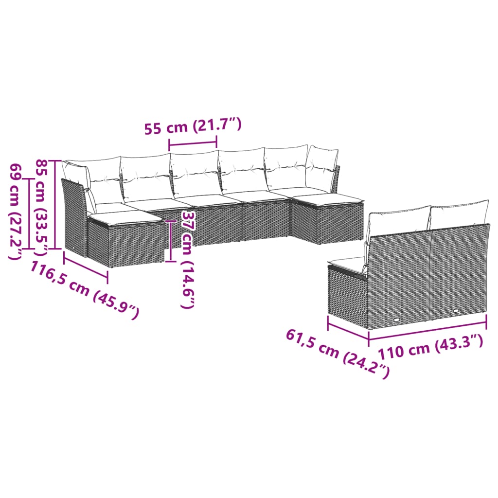 Set Divano Da Giardino 9pz Con Cuscini Grigio Chiaro Polyrattan - Image 3