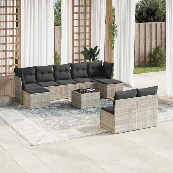 Set Divano Giardino 10 Pz Con Cuscini Grigio Chiaro Polyrattan