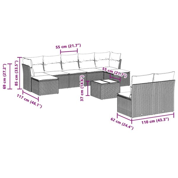 Set Divano Giardino 10 Pz Con Cuscini Grigio Chiaro Polyrattan - Image 3