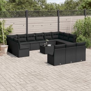 Set Divani Da Giardino 14pz Con Cuscini In Polyrattan Nero