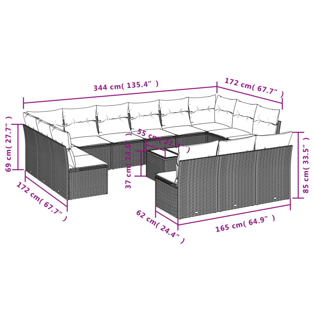 Set Divani Da Giardino 14pz Con Cuscini In Polyrattan Grigio - Image 3