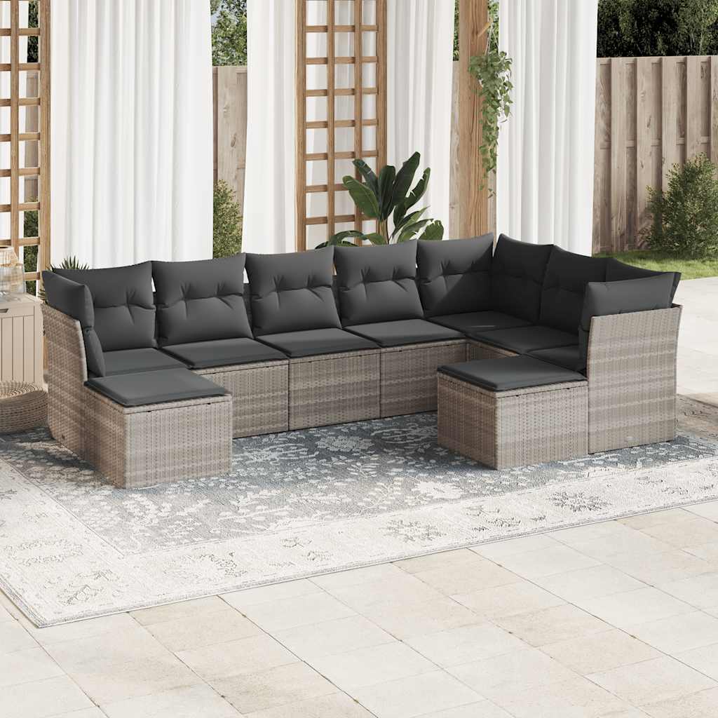 Set Divano Da Giardino 9pz Con Cuscini Grigio Chiaro Polyrattan