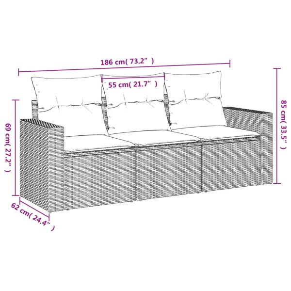 Set Divani Da Giardino 3 Pz Con Cuscini In Polyrattan Nero - Image 3