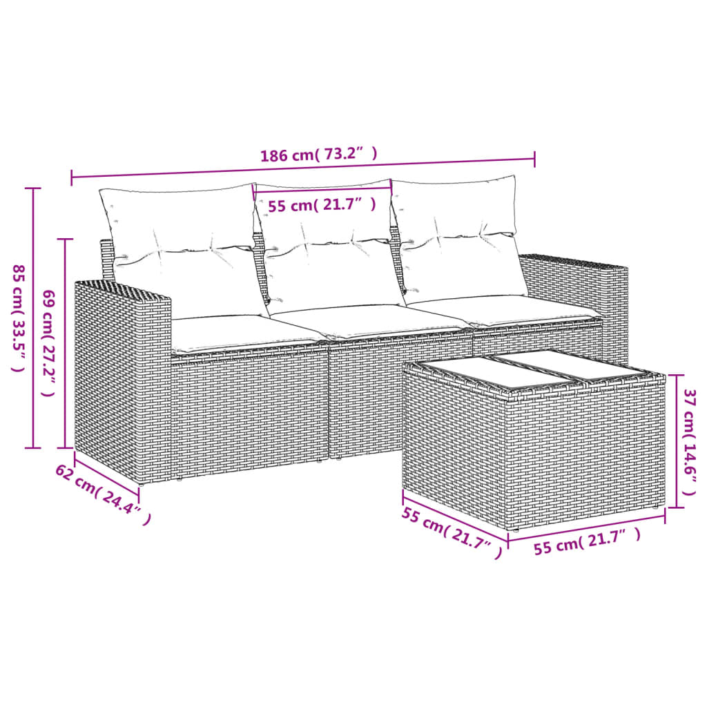 Set Divano Da Giardino 4 Pz Con Cuscini Beige In Polyrattan - Image 4