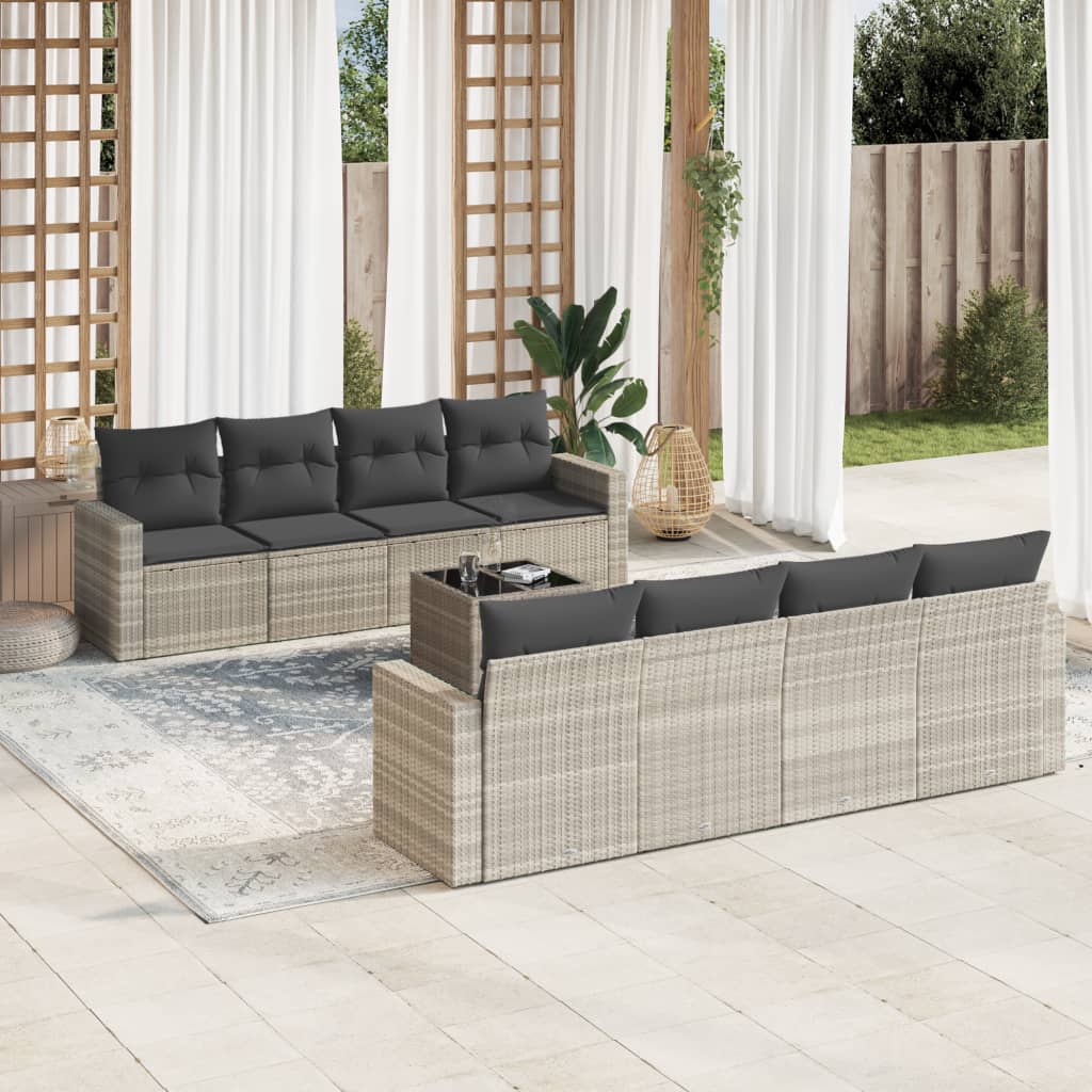 Set Divano Da Giardino 9pz Con Cuscini Grigio Chiaro Polyrattan