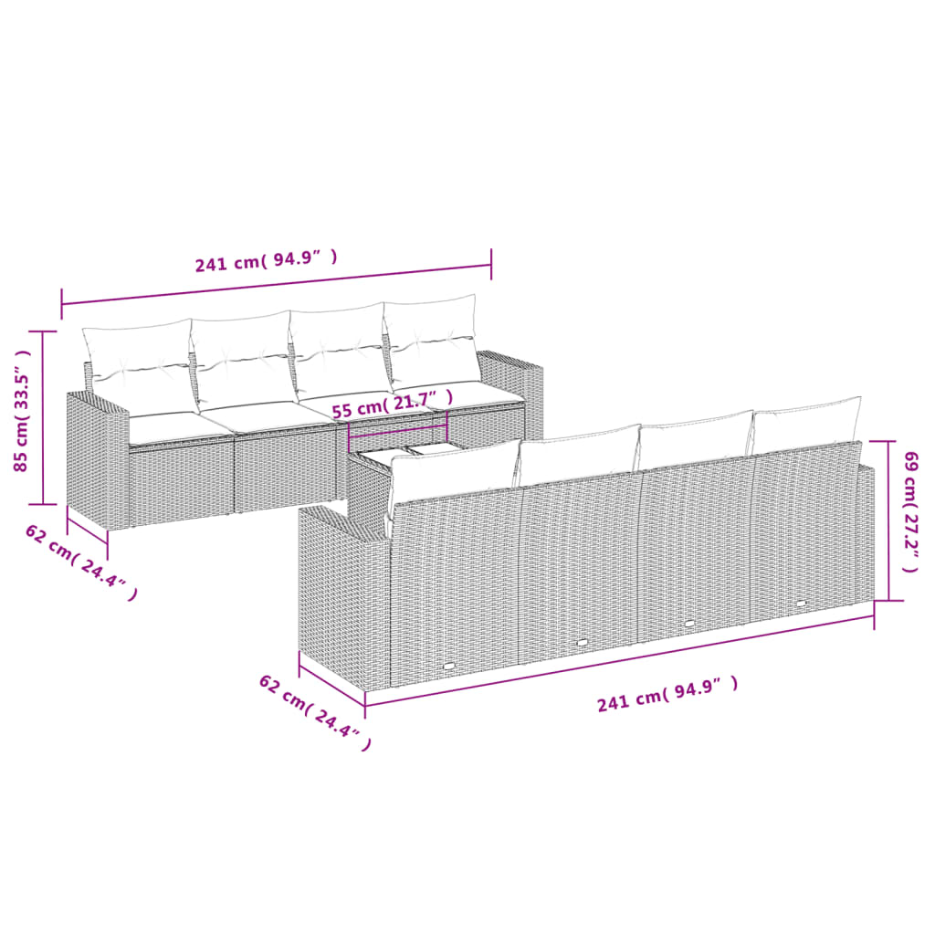 Set Divano Da Giardino 9pz Con Cuscini Grigio Chiaro Polyrattan - Image 3