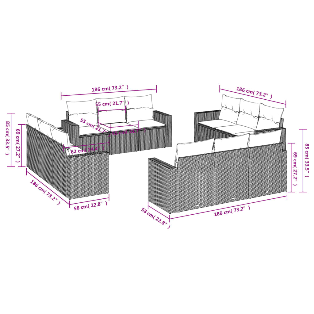 Set Divani Da Giardino 12 Pz Con Cuscini Beige In Polyrattan - Image 3