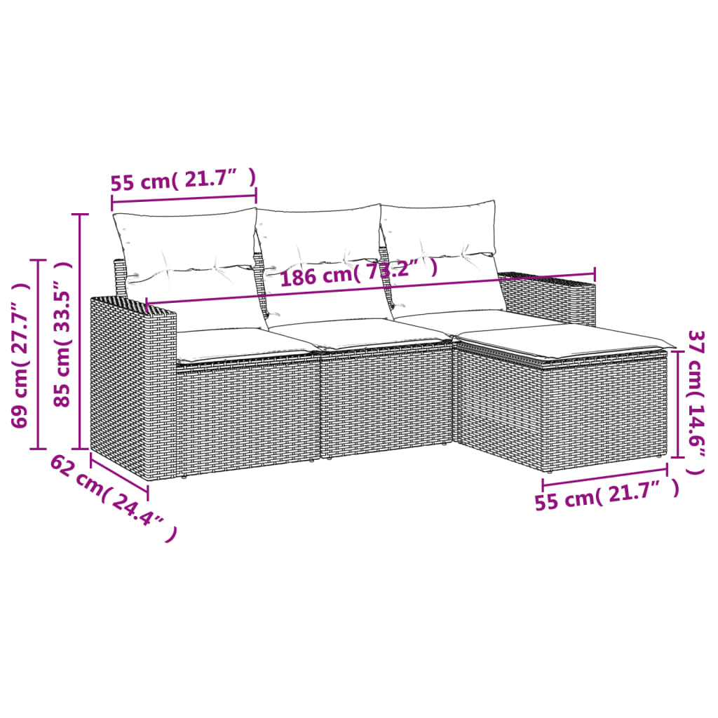 Set Divano Da Giardino 4pz Con Cuscini Grigio Chiaro Polyrattan - Image 3