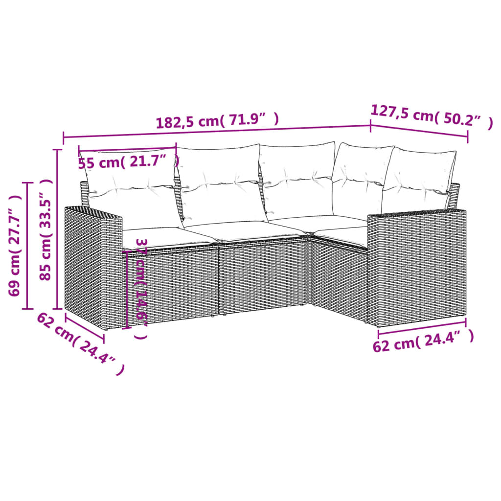 Set Divano Da Giardino 4 Pz Con Cuscini Beige In Polyrattan - Image 3