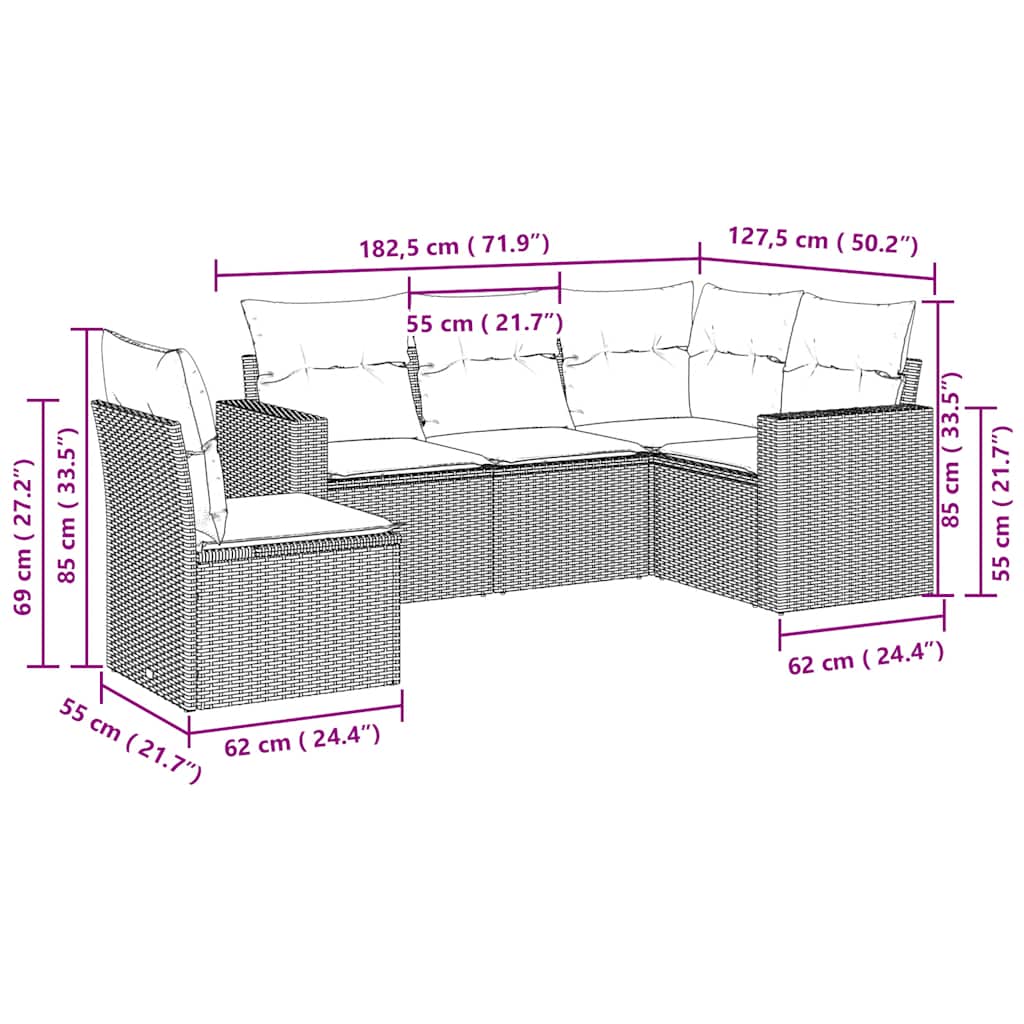 Set Divano Da Giardino 5pz Con Cuscini Grigio Chiaro Polyrattan - Image 3