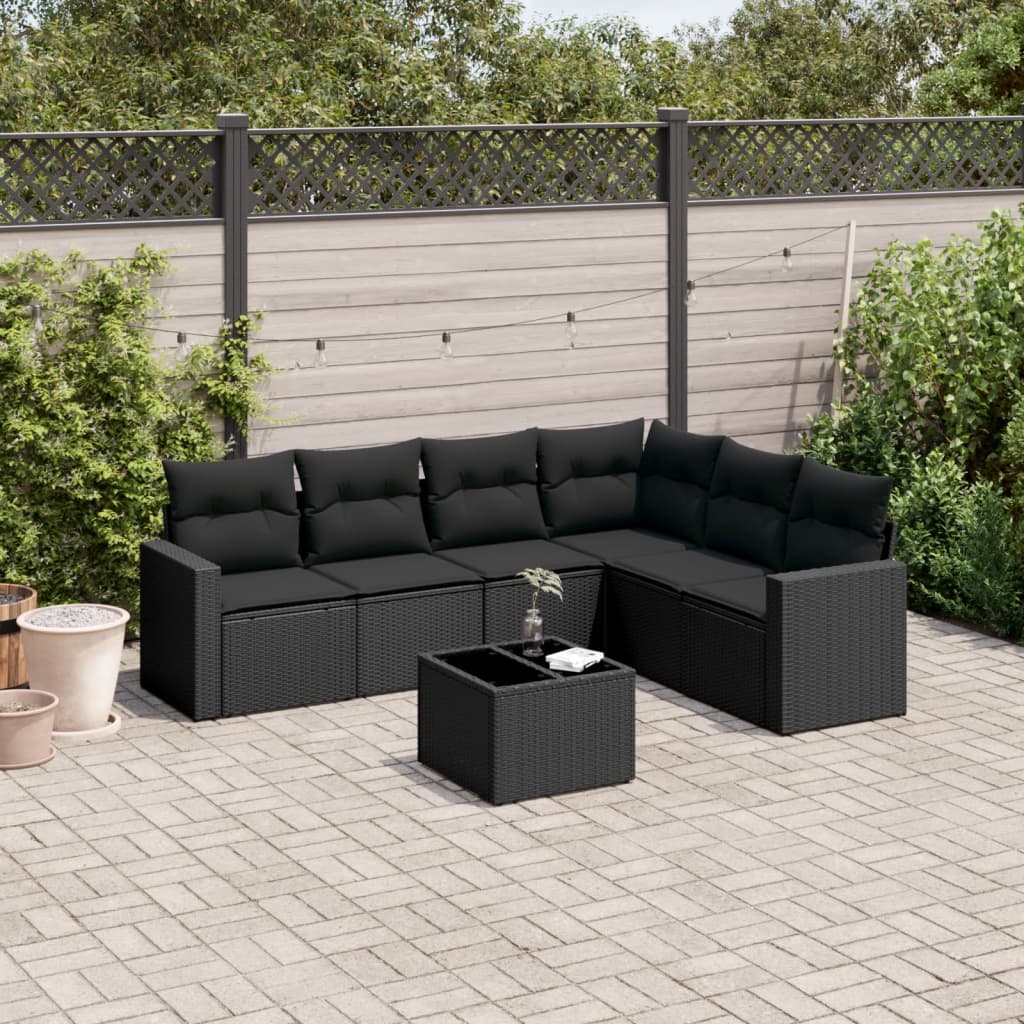 Set Divani Da Giardino Con Cuscini 7pz Nero Polyrattan