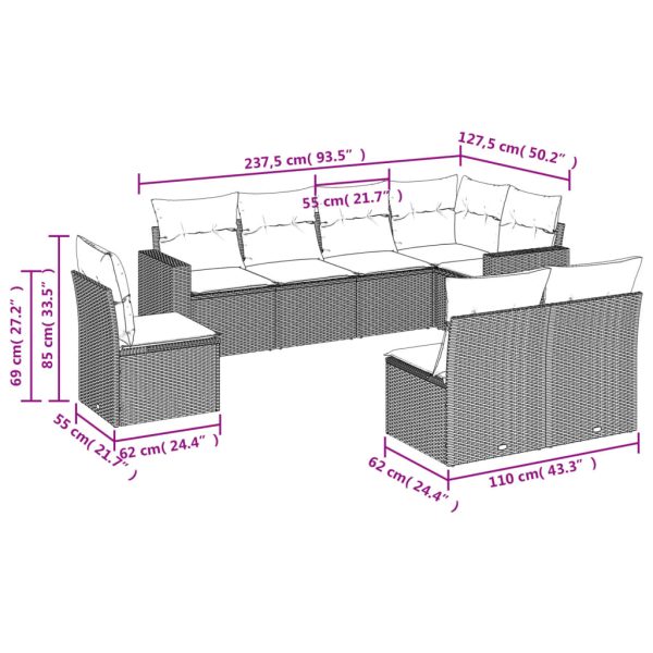 Set Divano Da Giardino 8pz Con Cuscini Grigio Chiaro Polyrattan - Image 3