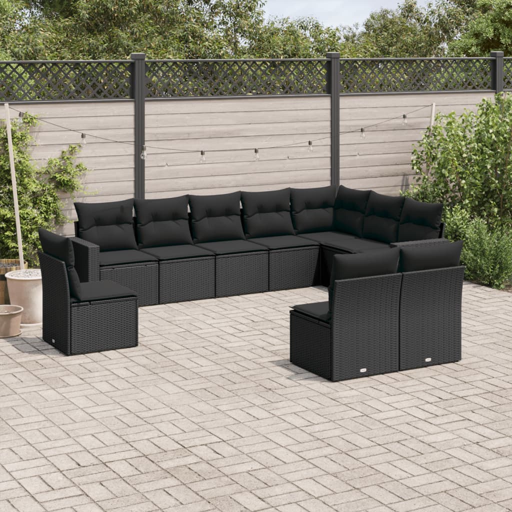 Set Divani Da Giardino 10pz Con Cuscini In Polyrattan Nero