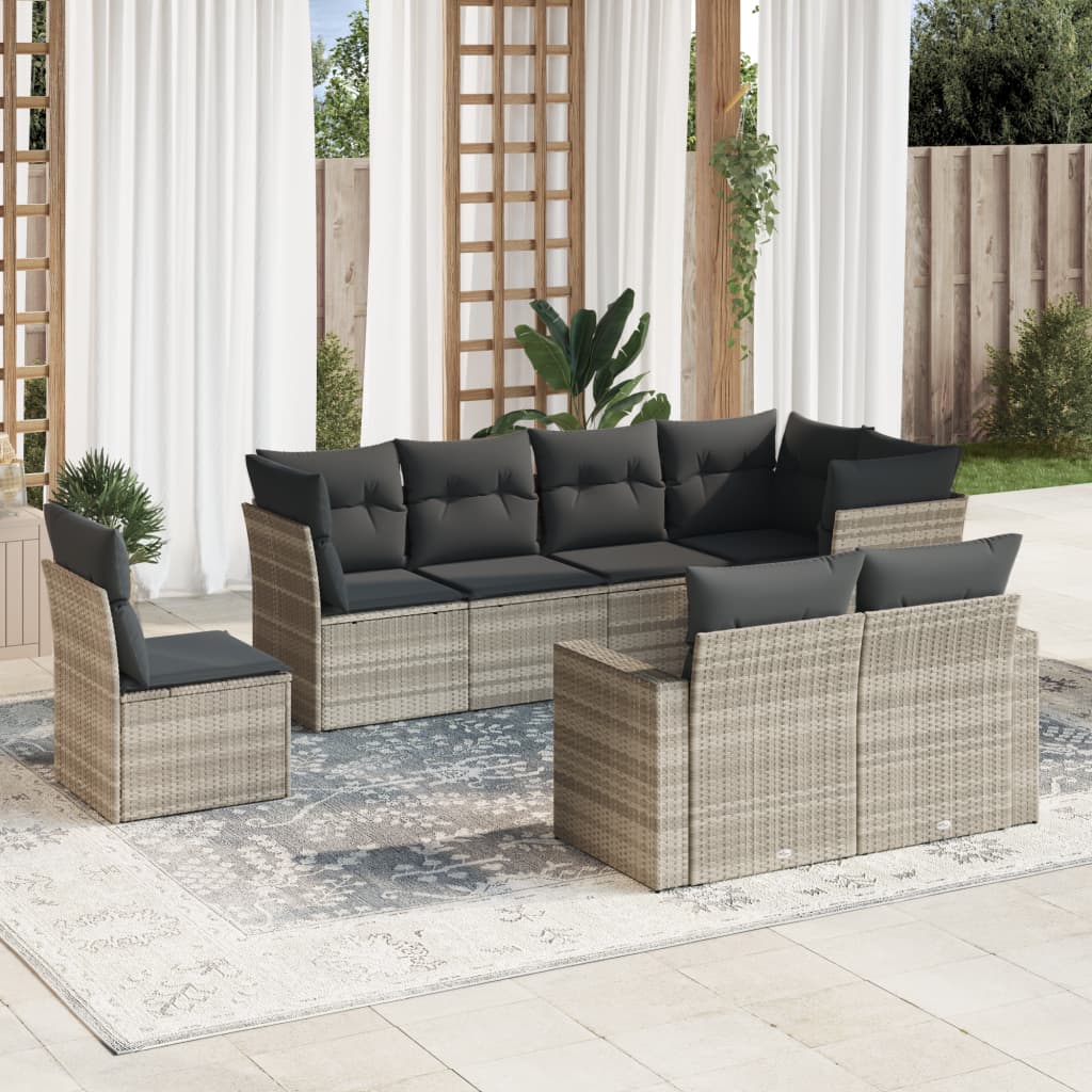Set Divano Da Giardino 8pz Con Cuscini Grigio Chiaro Polyrattan