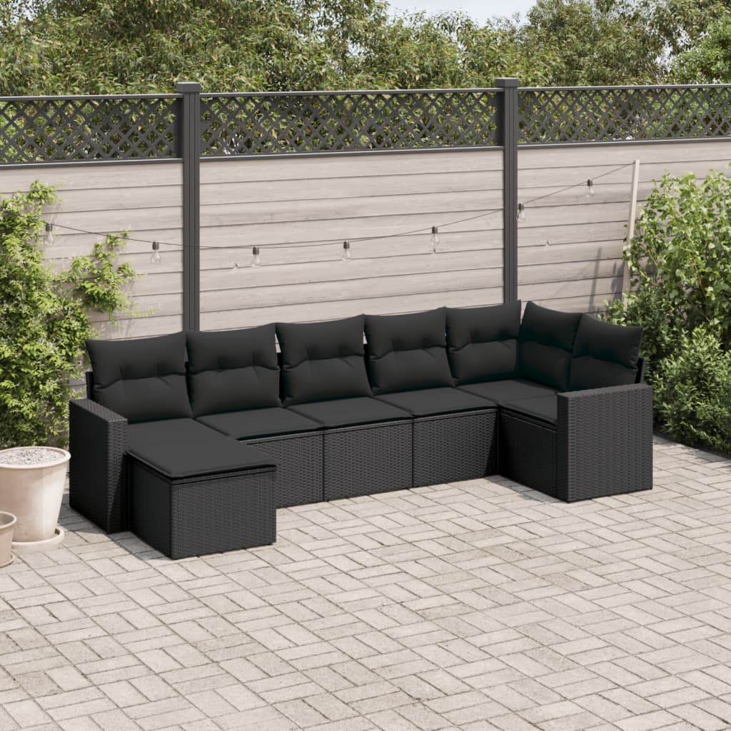 Set Divani Da Giardino Con Cuscini 7pz Nero Polyrattan