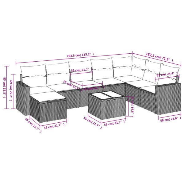 Set Divano Da Giardino 9 Pz Con Cuscini Beige In Polyrattan - Image 3