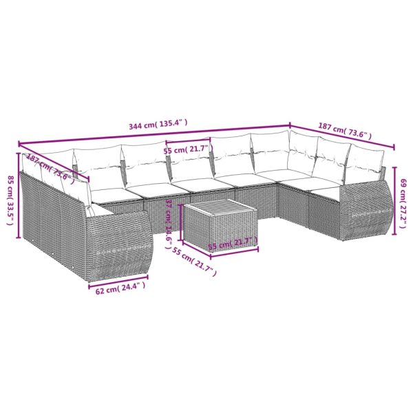 Set Divani Da Giardino 11 Pz Con Cuscini In Polyrattan Grigio - Image 3