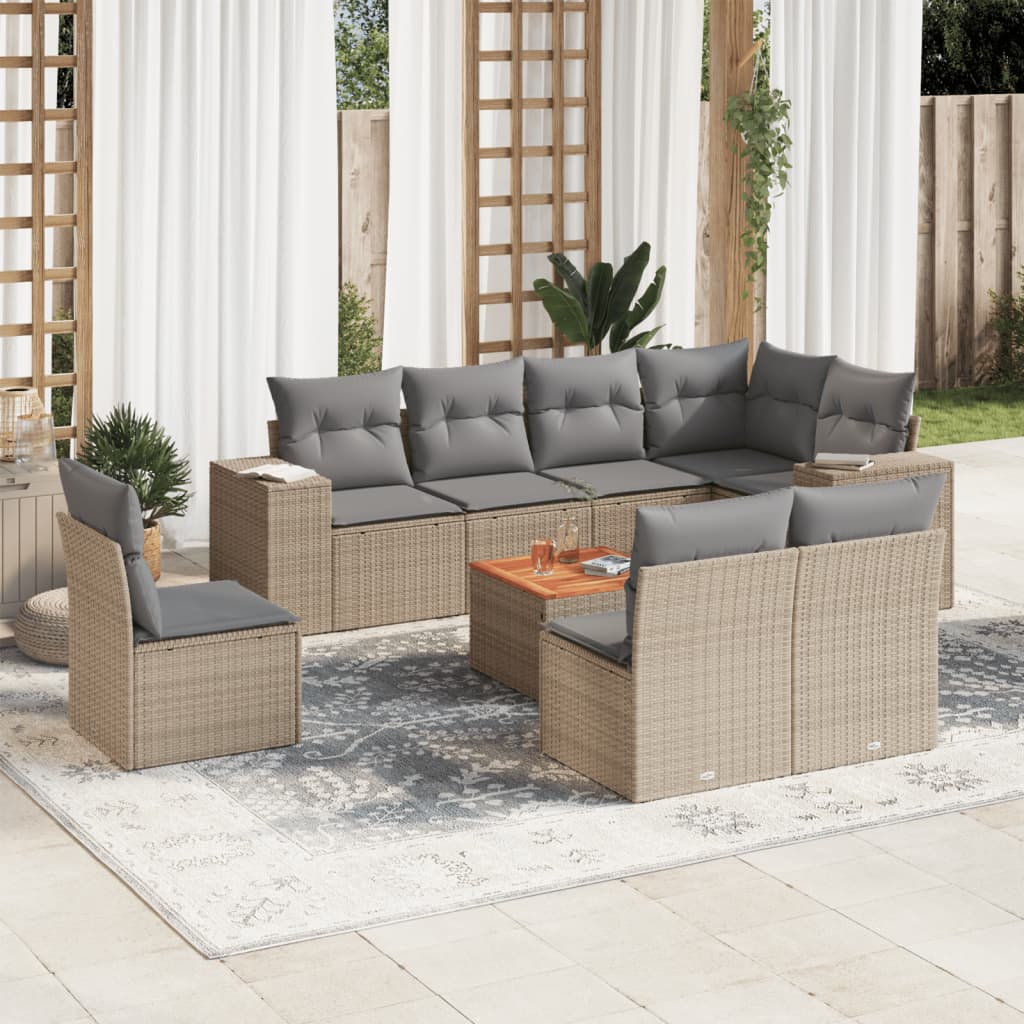 Set Divano Da Giardino 9 Pz Con Cuscini Beige In Polyrattan