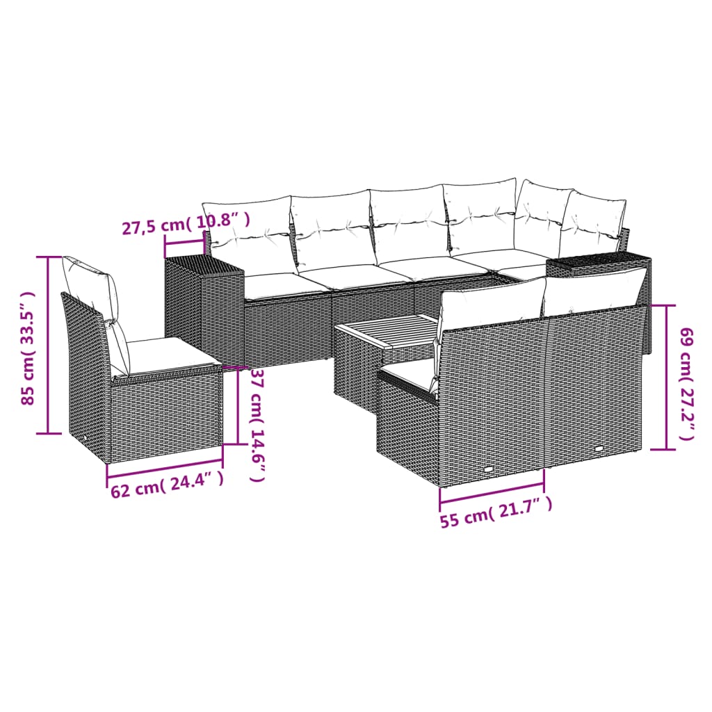 Set Divano Da Giardino 9 Pz Con Cuscini Beige In Polyrattan - Image 3