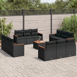 Set Divani Da Giardino 13pz Con Cuscini Nero In Polyrattan
