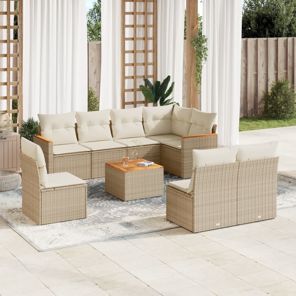Set Divano Da Giardino 9 Pz Con Cuscini Beige In Polyrattan