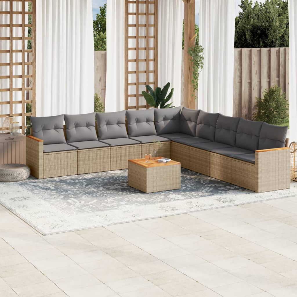 Set Divano Da Giardino 10 Pz Con Cuscini Beige Misto Polyrattan