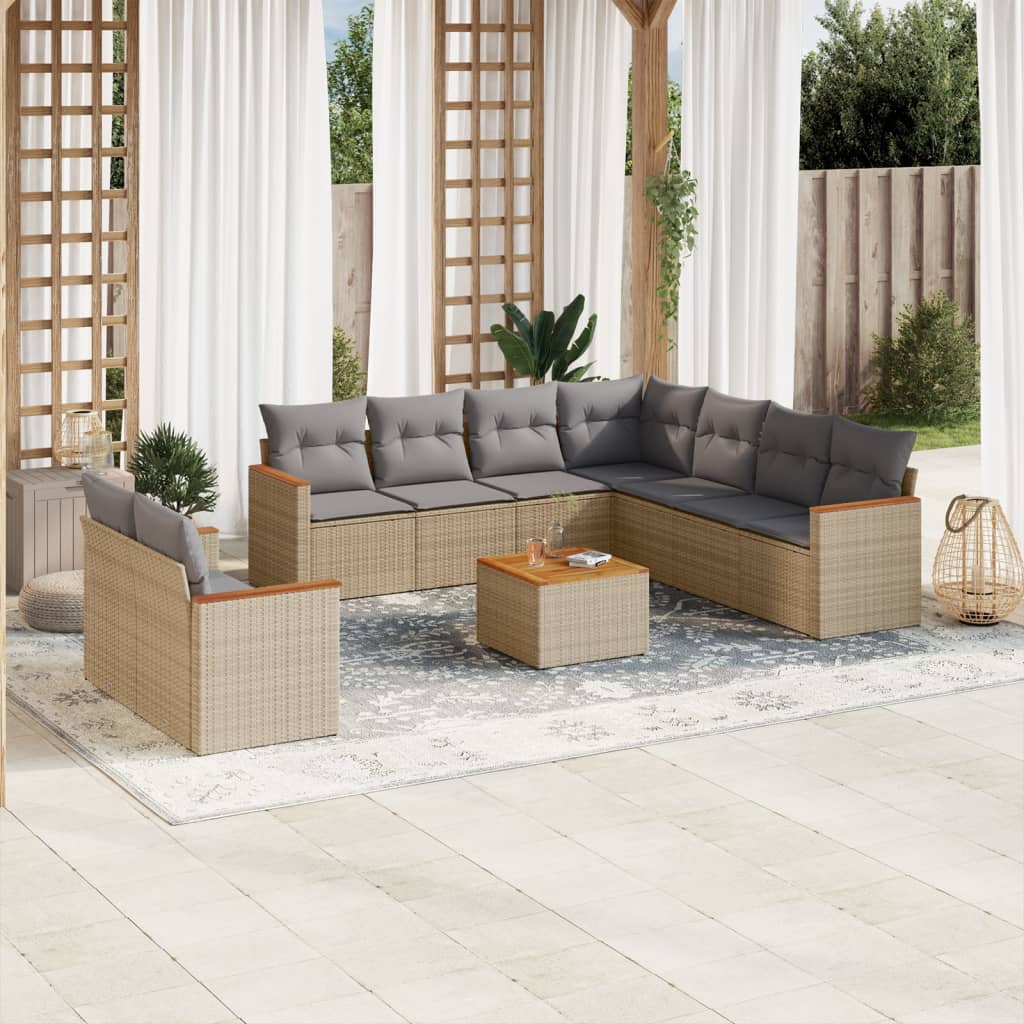 Set Divano Da Giardino 10 Pz Con Cuscini Beige Misto Polyrattan
