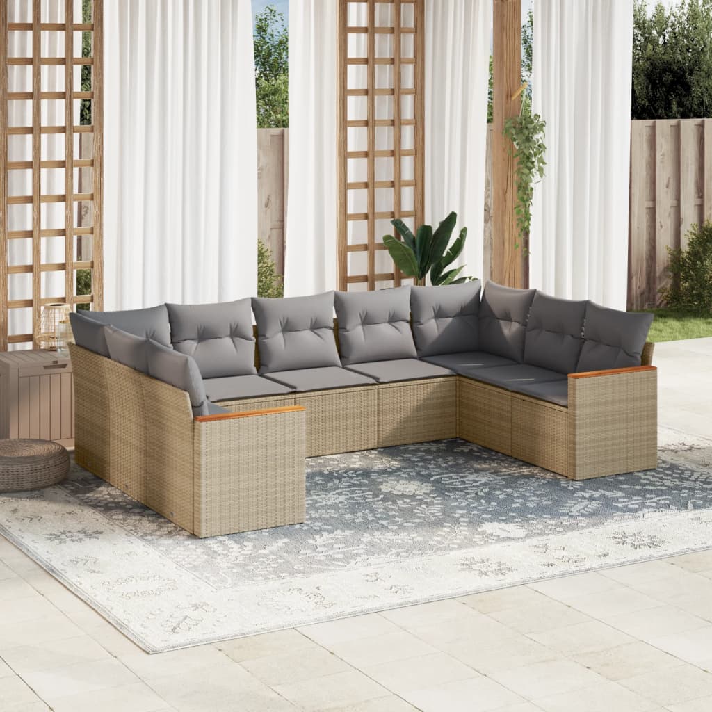 Set Divano Da Giardino 9 Pz Con Cuscini Beige Misto Polyrattan