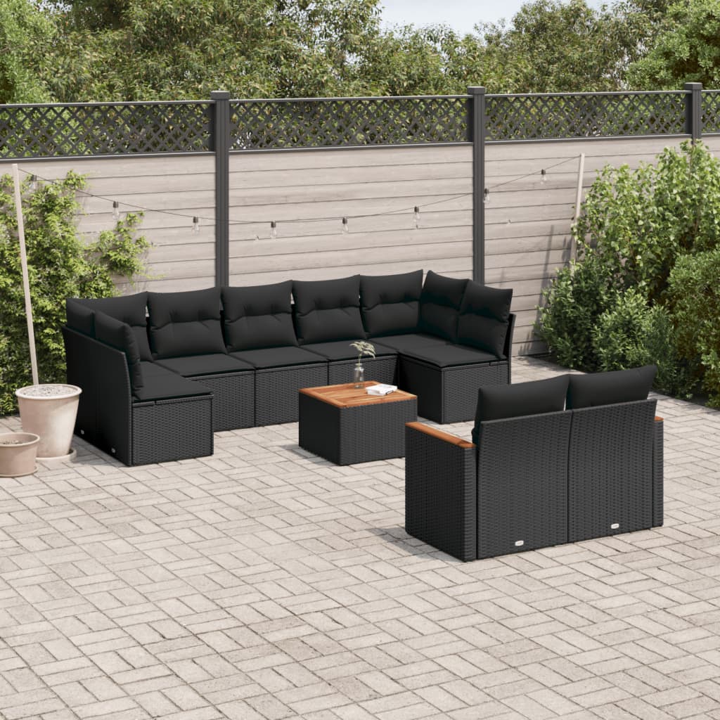 Set Divani Da Giardino 10pz Con Cuscini In Polyrattan Nero