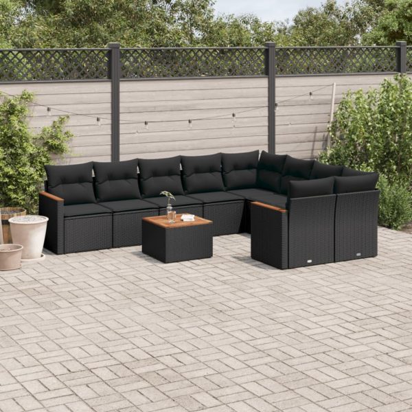 Set Divani Da Giardino 10pz Con Cuscini In Polyrattan Nero