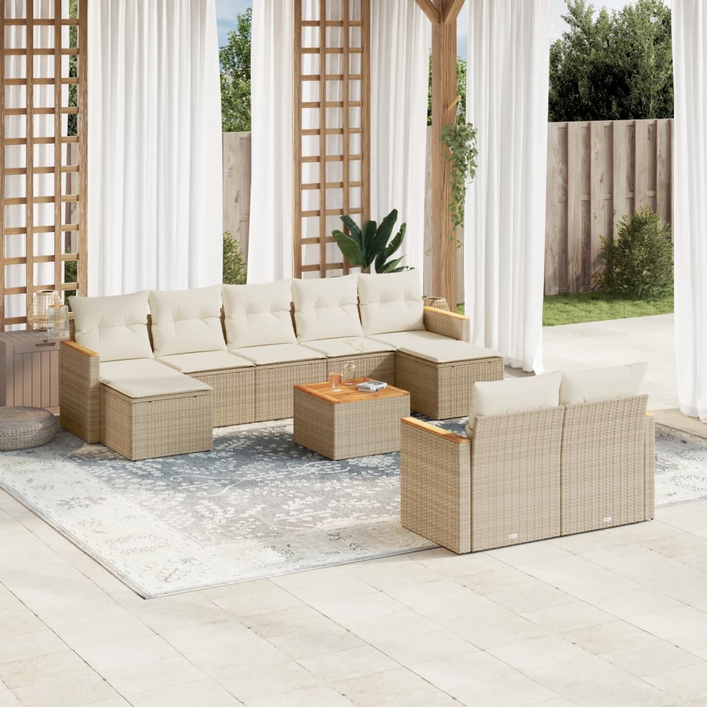 Set Divano Da Giardino 10 Pz Con Cuscini Beige In Polyrattan