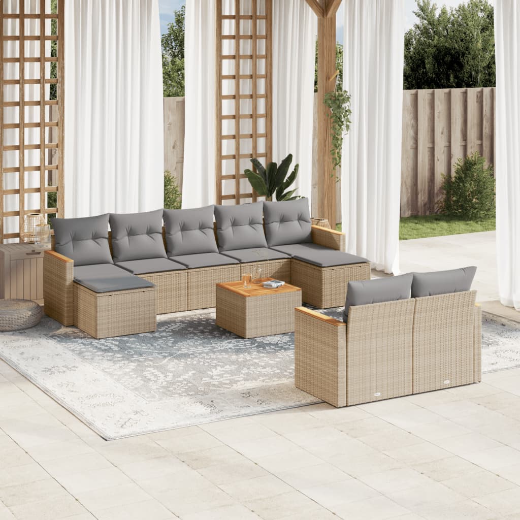 Set Divano Da Giardino 10 Pz Con Cuscini Beige Misto Polyrattan
