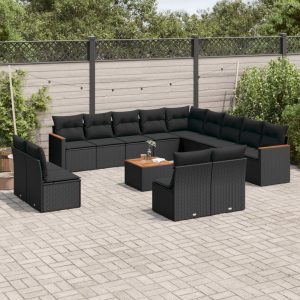 Set Divani Da Giardino 14pz Con Cuscini In Polyrattan Nero