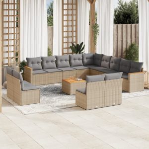 Set Divano Da Giardino 14 Pz Con Cuscini Beige Misto Polyrattan