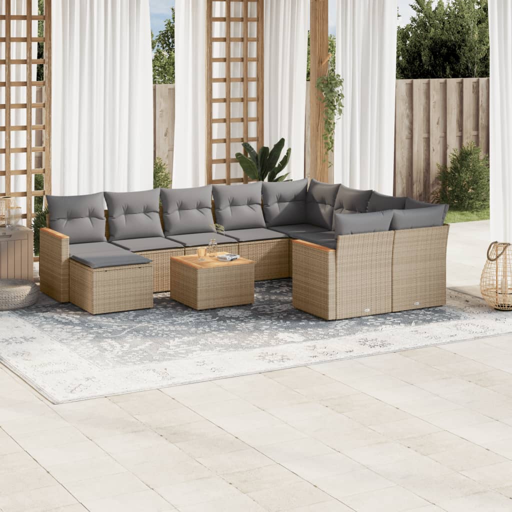 Set Divano Da Giardino 11 Pz Con Cuscini Beige Misto Polyrattan