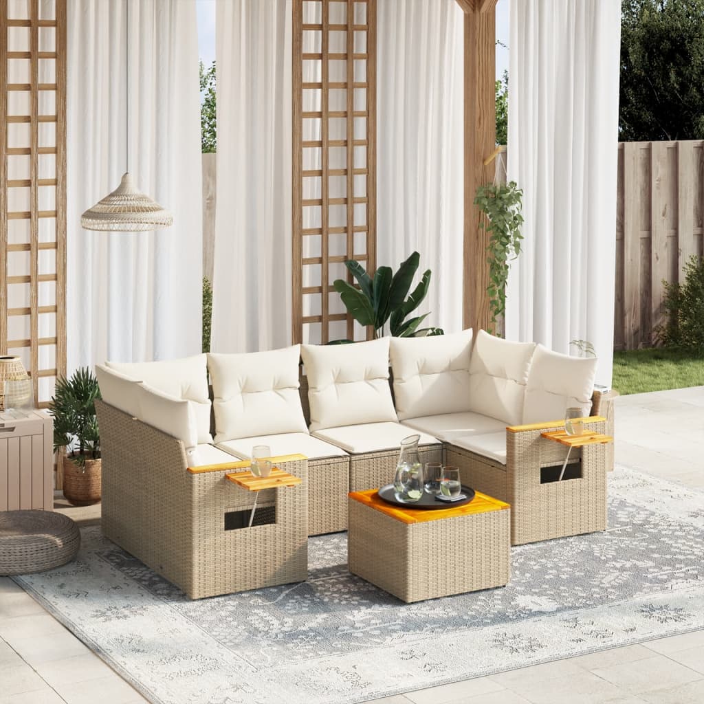Set Divani Da Giardino 7 Pz Con Cuscini Beige In Polyrattan