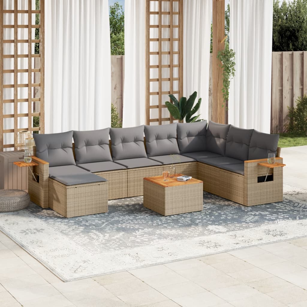 Set Divano Da Giardino 9 Pz Con Cuscini Beige In Polyrattan