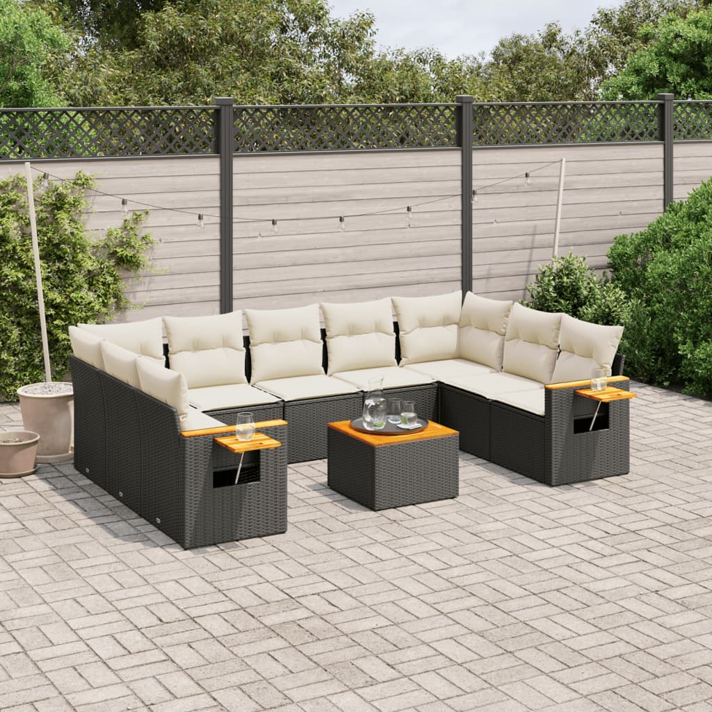 Set Divani Da Giardino 10pz Con Cuscini In Polyrattan Nero