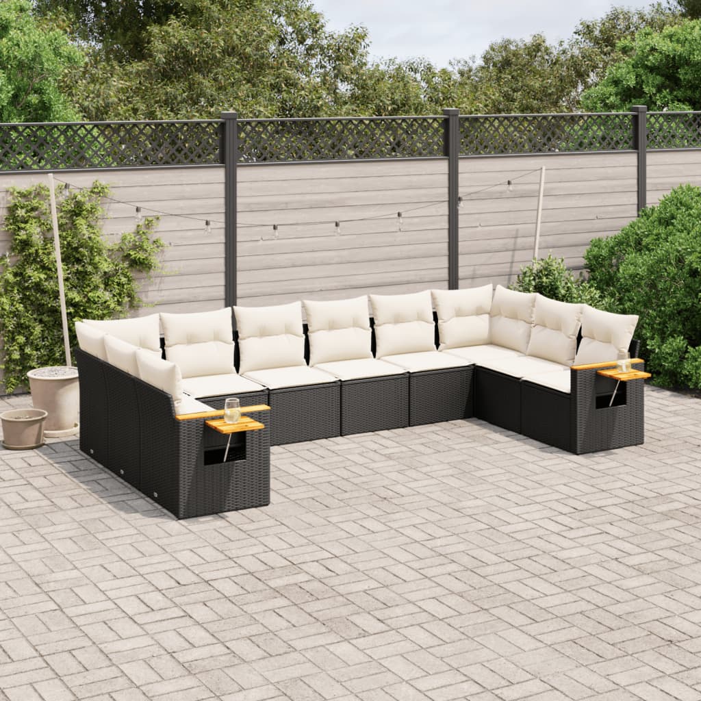 Set Divani Da Giardino 10pz Con Cuscini In Polyrattan Nero