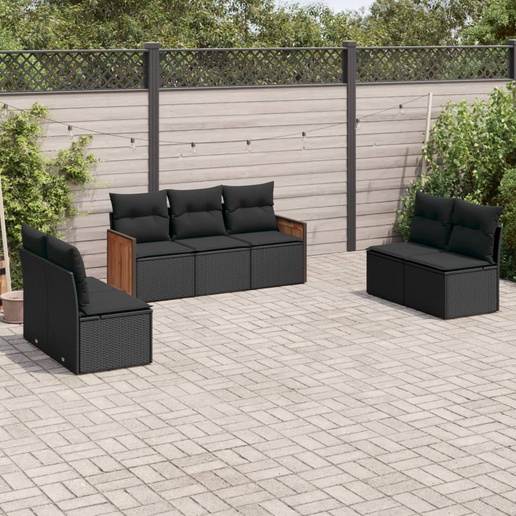 Set Divani Da Giardino Con Cuscini 7pz Nero Polyrattan