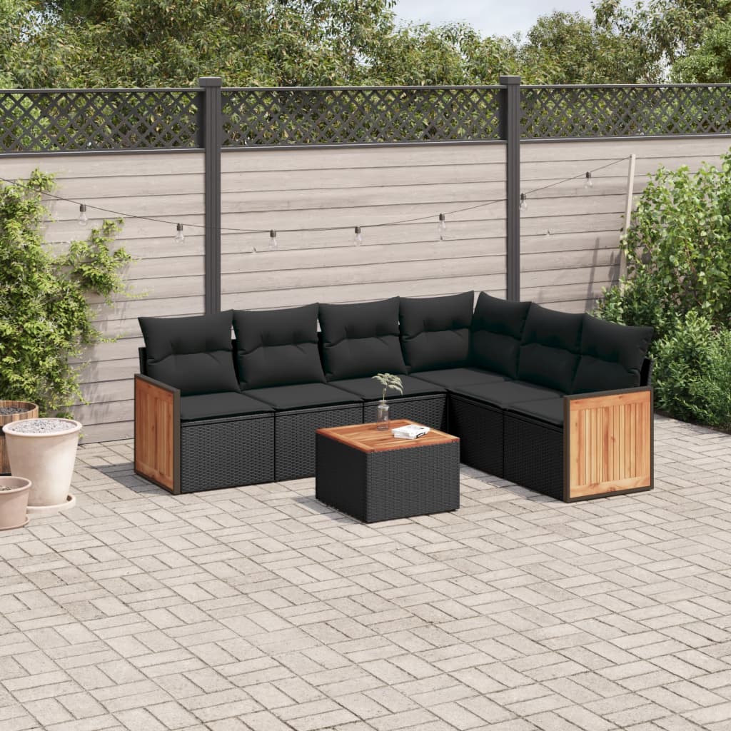 Set Divani Da Giardino Con Cuscini 7pz Nero Polyrattan