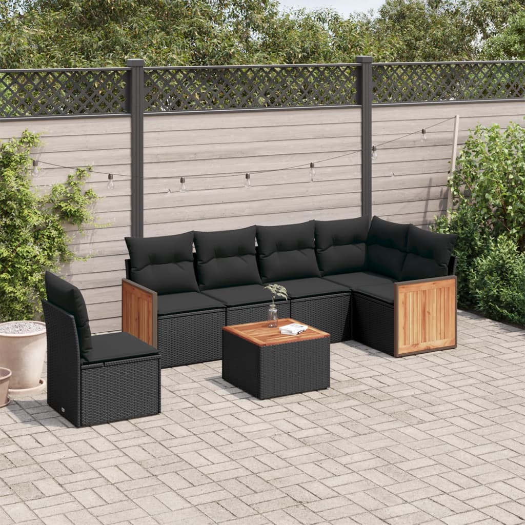Set Divani Da Giardino Con Cuscini 7pz Nero Polyrattan