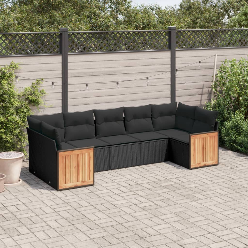 Set Divani Da Giardino Con Cuscini 7pz Nero Polyrattan