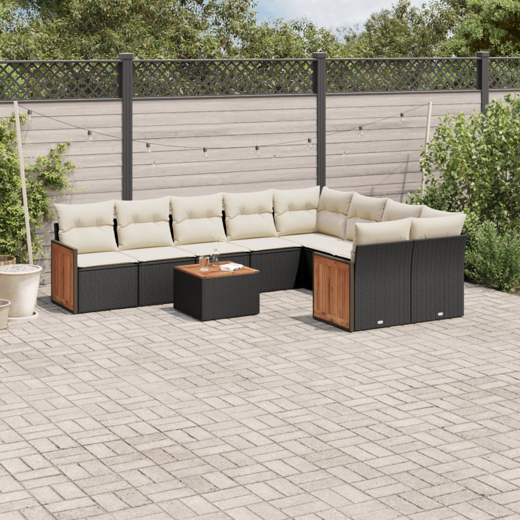 Set Divani Da Giardino 10pz Con Cuscini In Polyrattan Nero