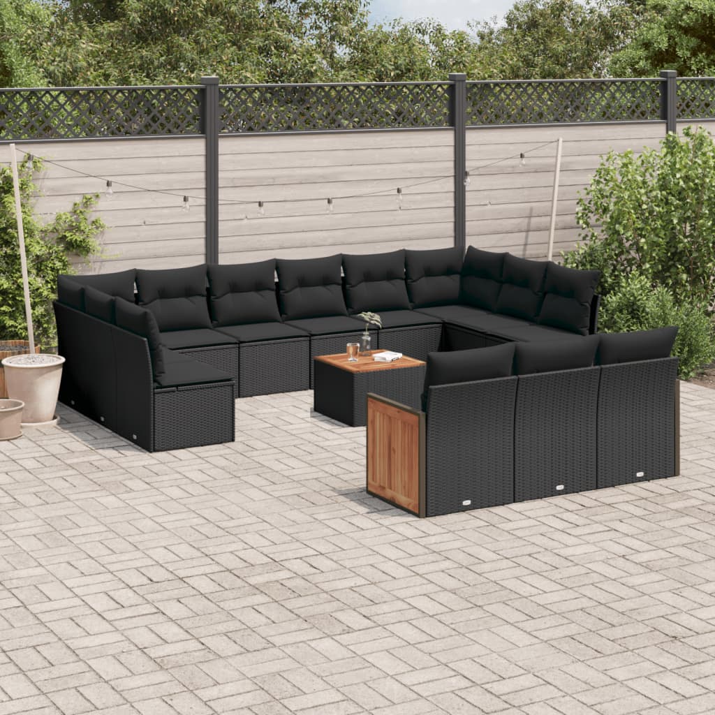 Set Divani Da Giardino 14pz Con Cuscini In Polyrattan Nero